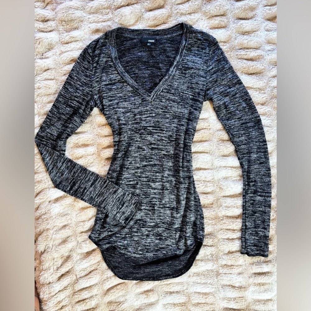 Free People - Heathered Black & Gray V-Neck Long Sleeve Mini Dress w Back Cutout
